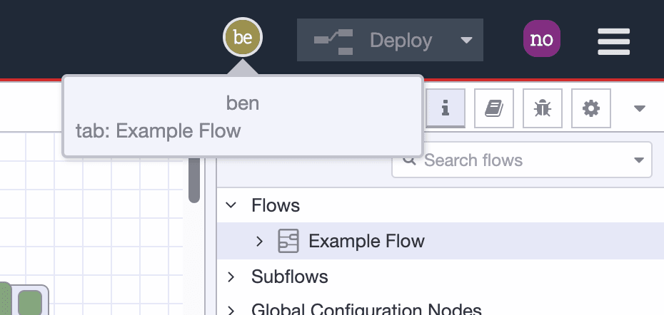 Screenshot of Node-RED with additional user icons in the header