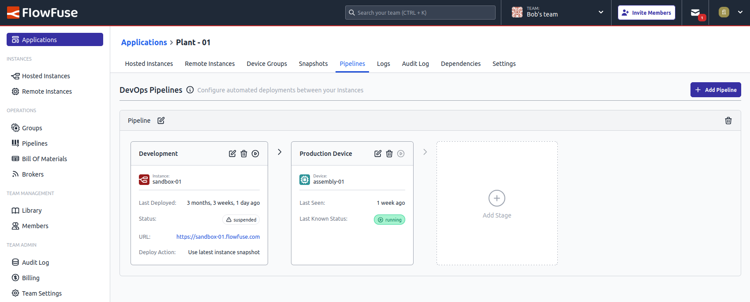 Screenshot showing the user interface for creating and running DevOps Pipelines in FlowFuse