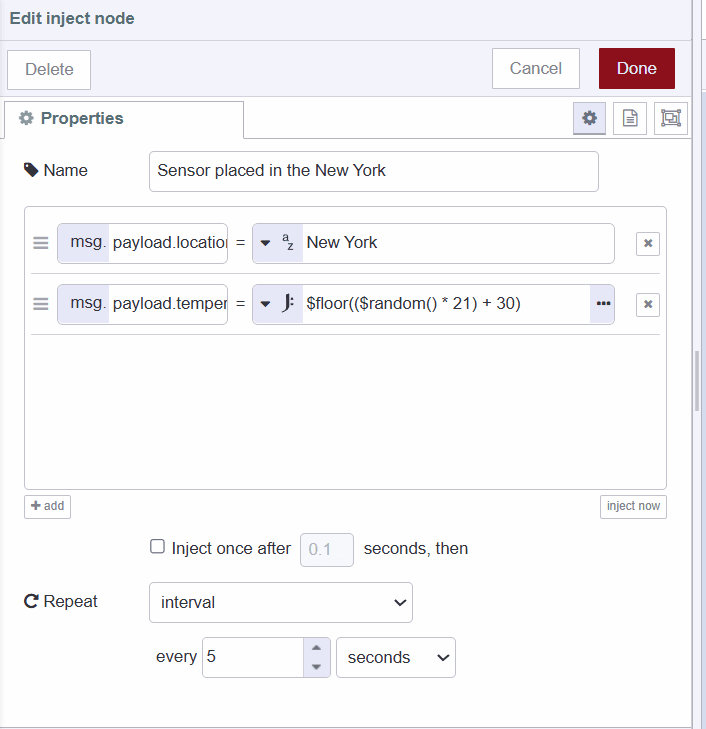 Screenshot of the inject node generating sensor data for new york city "Screenshot of the inject node generating sensor data for new york city"