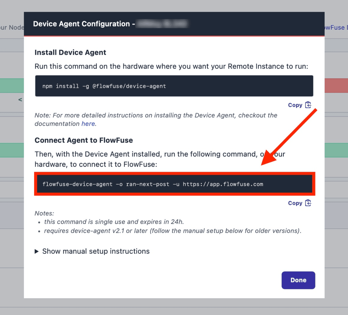 "Dialog containing a one-time passcode command that the Device Agent can use to retrieve its configuration"