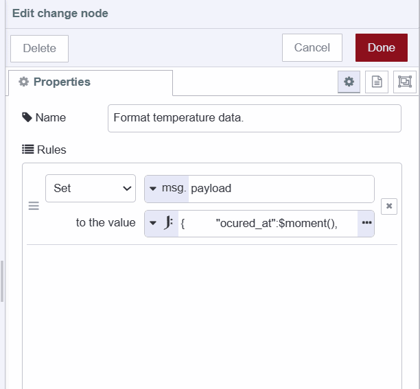 "Screenshot displaying the change node formating sensor data"